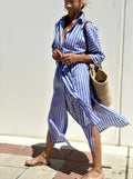Striped Shirt Dress With Belt Fashion Half-sleeved Lapel Button Cardigan Dresses Women's Clothing Lady T Fashions