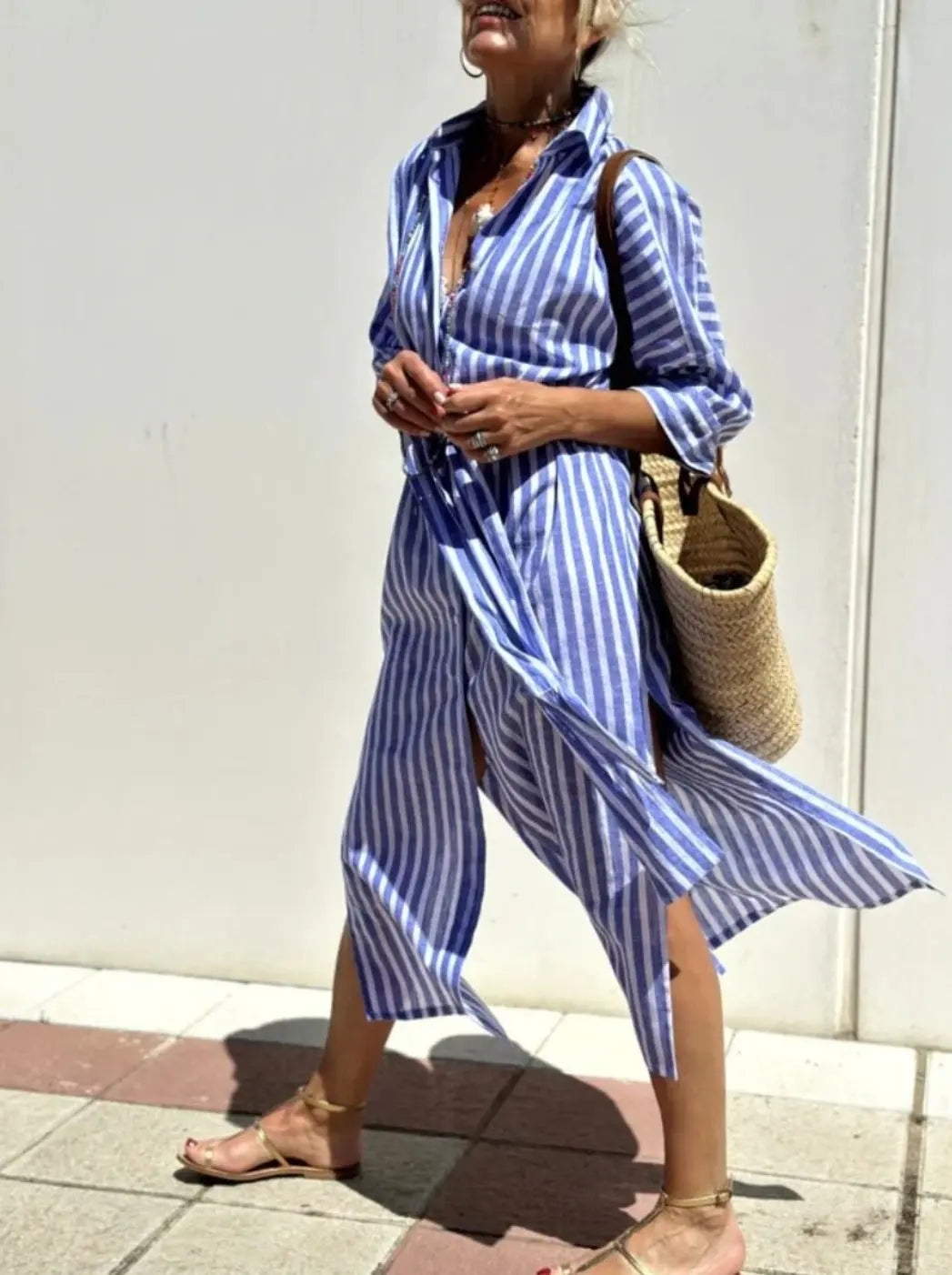 Striped Shirt Dress With Belt Fashion Half-sleeved Lapel Button Cardigan Dresses Women's Clothing Lady T Fashions