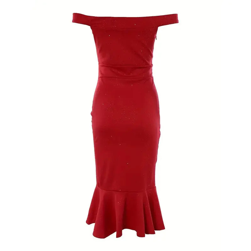 Women's Solid Color Ruffled High-Slit Bodycon Dress Sparkling Off-Shoulder Party Dress For Summer Lady T Fashions