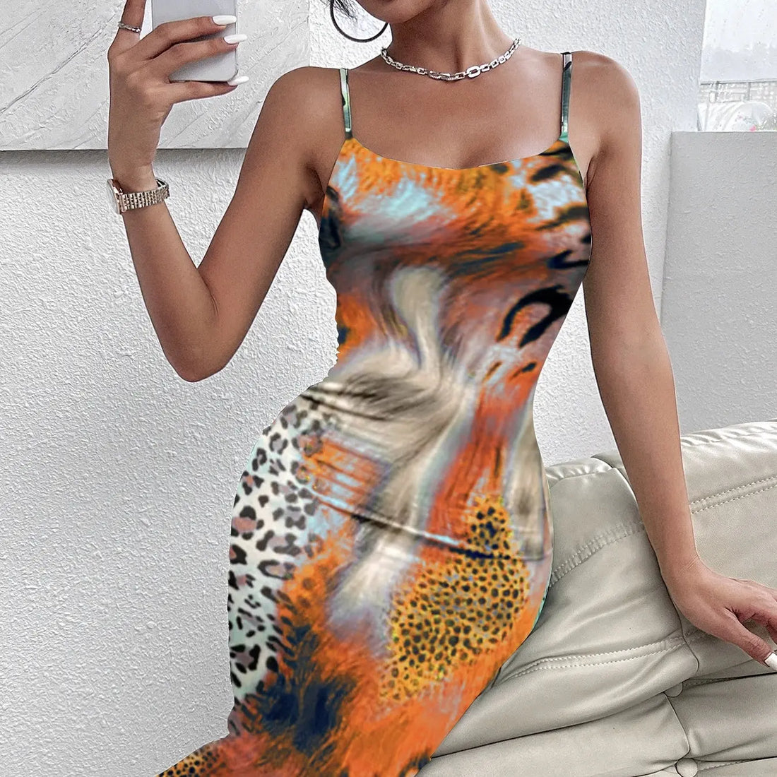 Ladies' Leopard Print Elegant Slimming Vacation Style Suspender Sexy Off Shoulder Dress Lady T Fashions