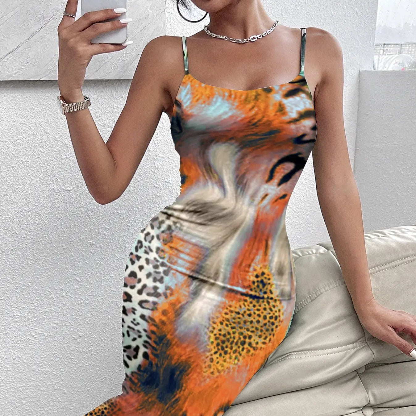 Ladies' Leopard Print Elegant Slimming Vacation Style Suspender Sexy Off Shoulder Dress Lady T Fashions
