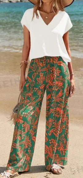 Women's Solid V-Neck Short Sleeve Top And Botanical Print Pants Lady T Fashions