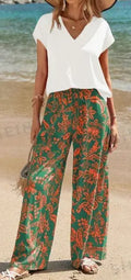 Women's Solid V-Neck Short Sleeve Top And Botanical Print Pants Lady T Fashions