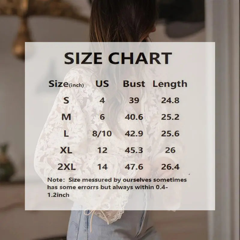 Women's Solid Color V-Neck Long Sleeve Blouse Floral Lace Embroidery Ruffled Neckline & Cuffs Drawstring Sleeves Button Front Semi-Sheer Elegant Summer Top Lady T Fashions