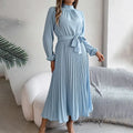 Elegant High Neck Long Sleeve Pleated Maxi Dress - Solid Color Flowy Dress For Women, Casual To Formal Wear Lady T Fashions