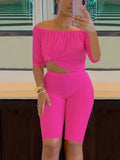 Sexy Solid Fashion Pantsuits Two-piece Set, Off Shoulder Short Sleeve Tops & Slim Shorts Set, Women's Clothing Lady T Fashions