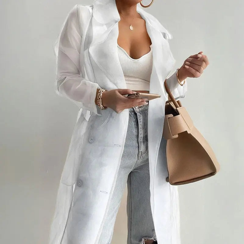 Women's Solid Color Half Sheer Long Sleeve Cardigan With Buttons & Belt - Lightweight Cover-Up For Summer Lady T Fashions