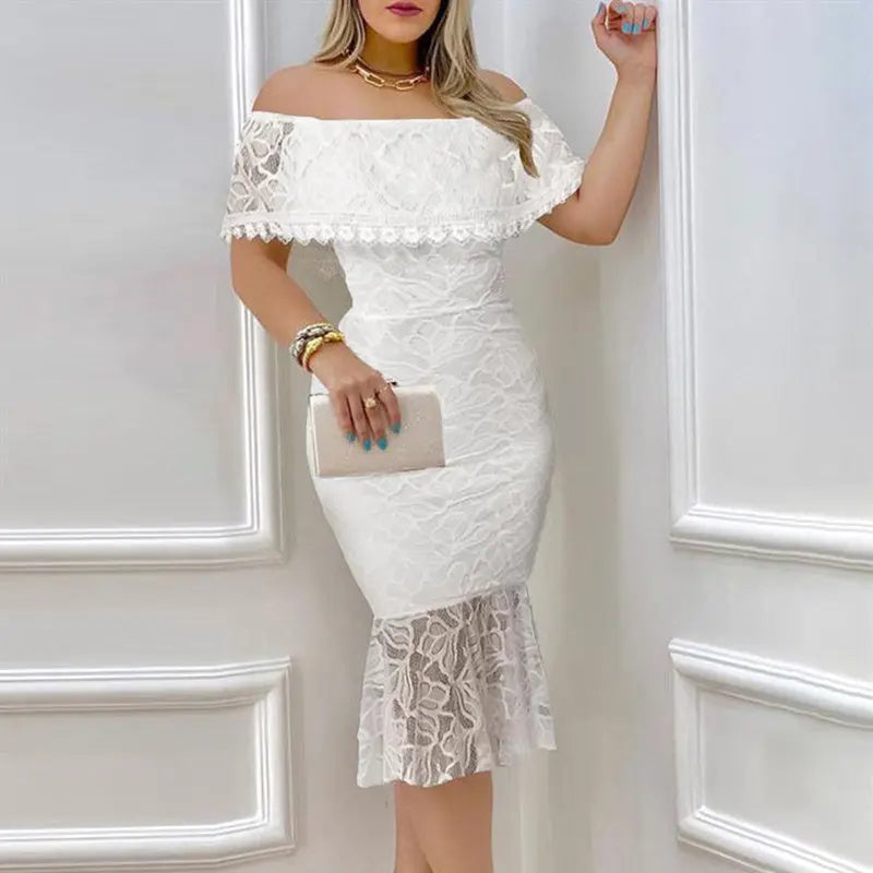Women's Elegant Floral Lace Off The Shoulder Dress Scallop Trim Party Wedding Guest Bodycon Dress Lady T Fashions