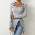 Elegant Women's Solid Color Slim-Fit Long Sleeve Top - Square Neck & Button Detail With Asymmetric Hem, Casual Fall&Spring Blouse Lady T Fashions