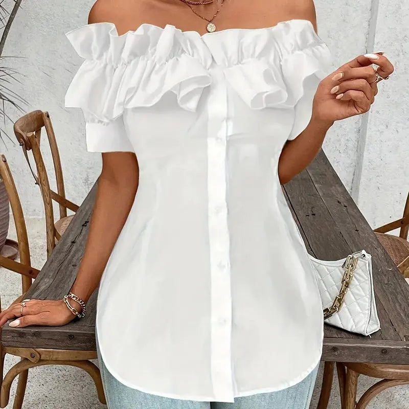 Women's Solid Color Off-Shoulder Ruffled Blouse - Waist Button-Down Shirt For Vacation & Daily Wear Lady T Fashions