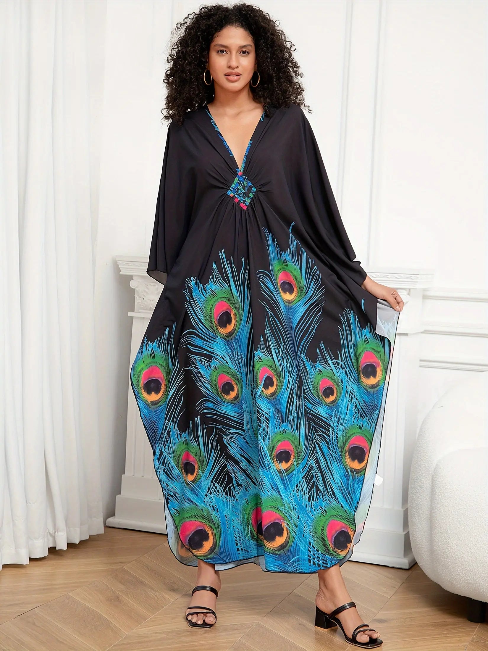 Plus Size Floral Print Dress - Elegant V-Neckline, Flowy Batwing Sleeves, Effortless Casual Style - Designed for Plus-Size Women, Ideal for Ramadan Celebrations and Everyday Wear Lady T Fashions