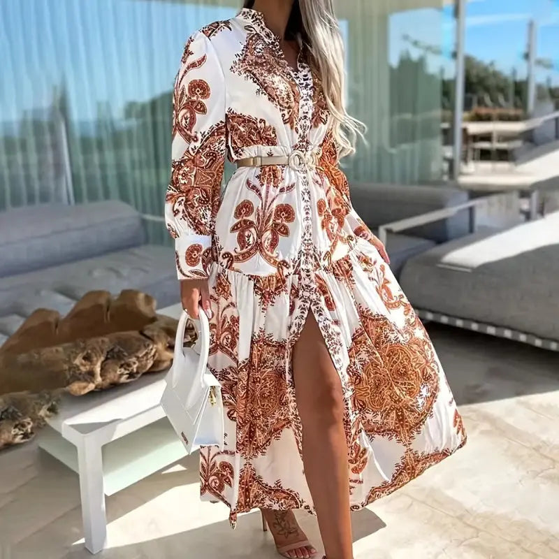 Women's Bohemian Flowy Maxi Dress - Charming V-Neck With Bell Sleeves, Bold Printed Pattern, Side Slit Design Lady T Fashions