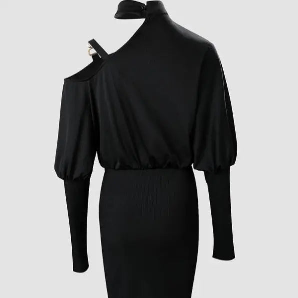 Ladies' Solid Color Fashion New Style Metal Buckle Decoration Off Shoulder Lantern Sleeve Long Sleeve Casual Elegant Wind Bag Hip Short Dress Lady T Fashions
