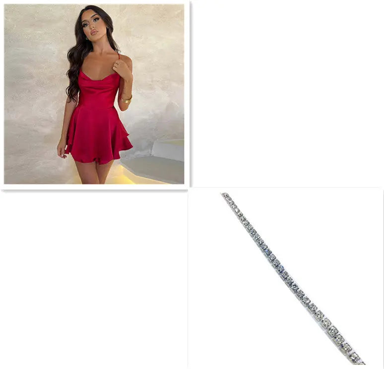 Sexy Suspender Skirt For Women Elegant Slim Strap Satin Backless Lace Up A-Line Short Dress Lady Lady T Fashions