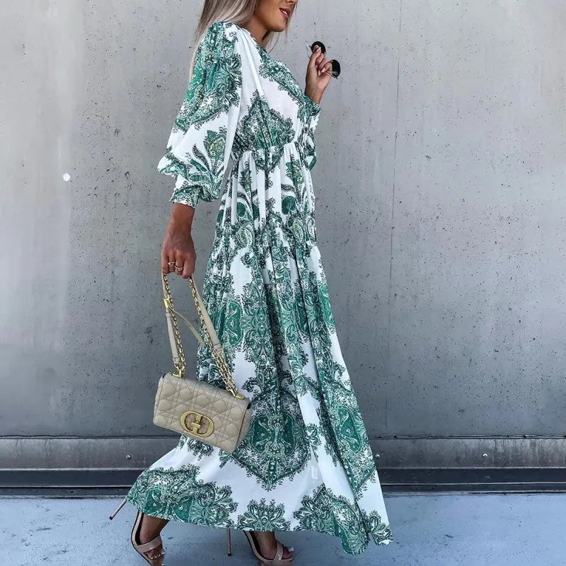 Women's Bohemian Flowy Maxi Dress - Charming V-Neck With Bell Sleeves, Bold Printed Pattern, Side Slit Design Lady T Fashions