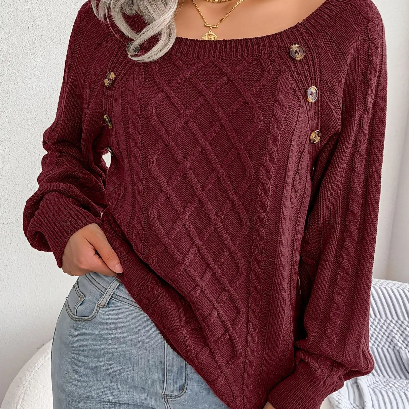 Texture Button Lantern Sleeve Sweater - Women's Round Neck Sweater Lady T Fashions