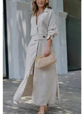 Women's Elegant Tied Solid Color Waisted Long-sleeved Shirt Dress Lady T Fashions