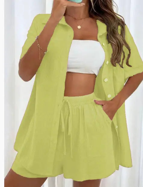 Women's Fashion Shorts Two Pieces Solid Color Shirt Suit Lady T Fashions