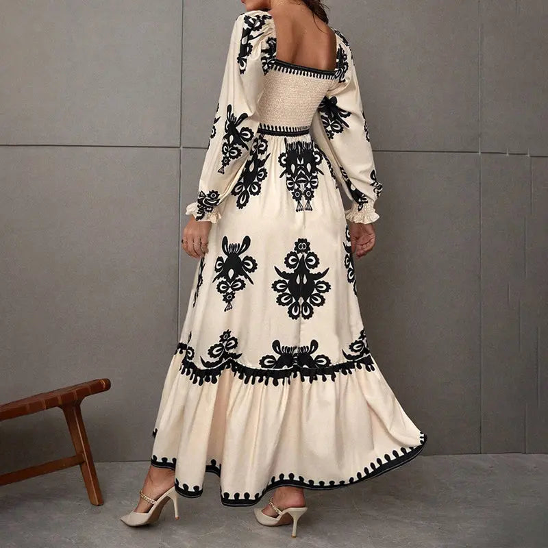 Elegant Women's Retro Geometric Print Lantern Sleeve Dress - Square Neck A-Line With Elastic Cuffs, Casual & Formal Dress Lady T Fashions