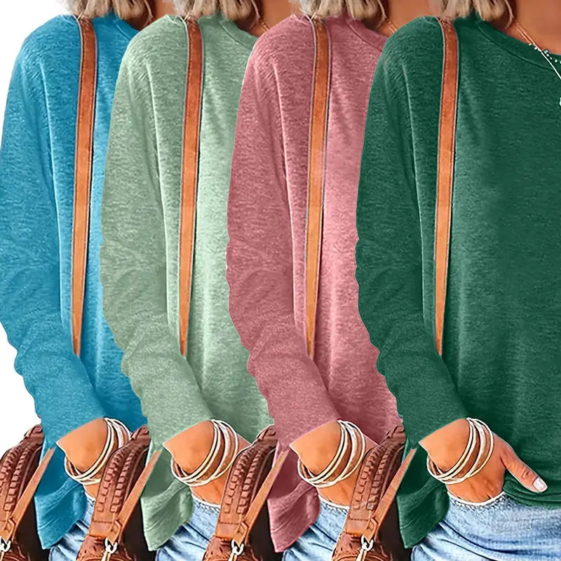 4 Pack Women's Solid Color Casual Set Round Neck Long Sleeve Tops For Spring&Fall Lady T Fashions