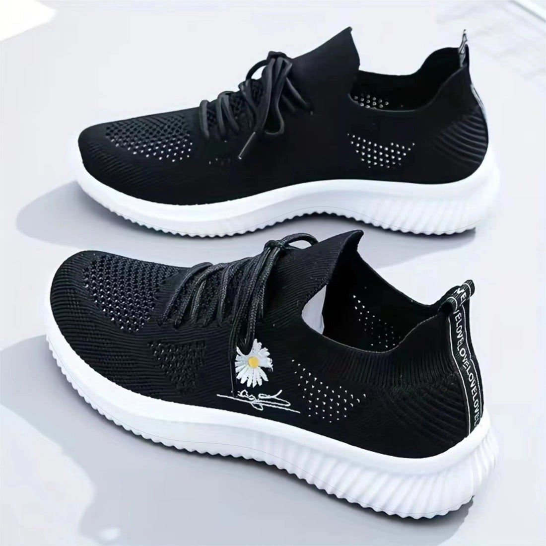 Women's Daisy Knitted Sock Sneakers, Breathable & Comfortable Lace Up Sports Shoes, Casual Running Walking Sneakers Lady T Fashions