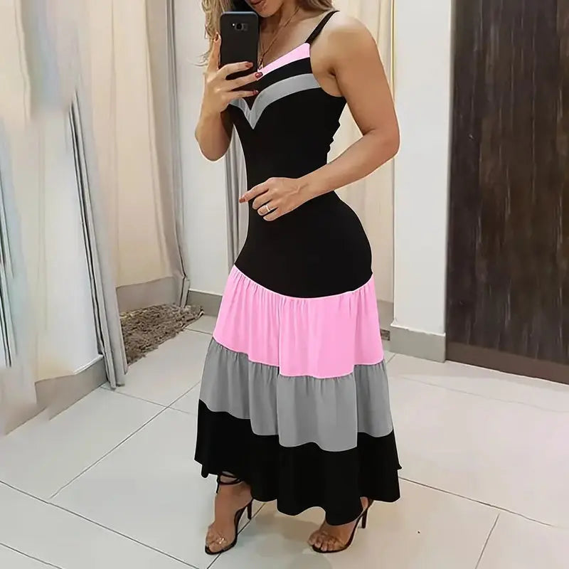 Women's Summer Casual Sleeveless V Neck Color Block Spaghetti Strap Maxi Long Dress Lady T Fashions
