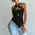 Women's Criss Cross Halter Bodysuit Ring Cut Out Sleeveless Fitted Leotard Tops Lady T Fashions
