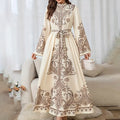 Women's Vintage High-Neck Floral Maxi Dress Loose Long Sleeve, Adjustable Waist Belt, Middle Eastern Inspired Holiday Dress Ankle-Length Gown Lady T Fashions
