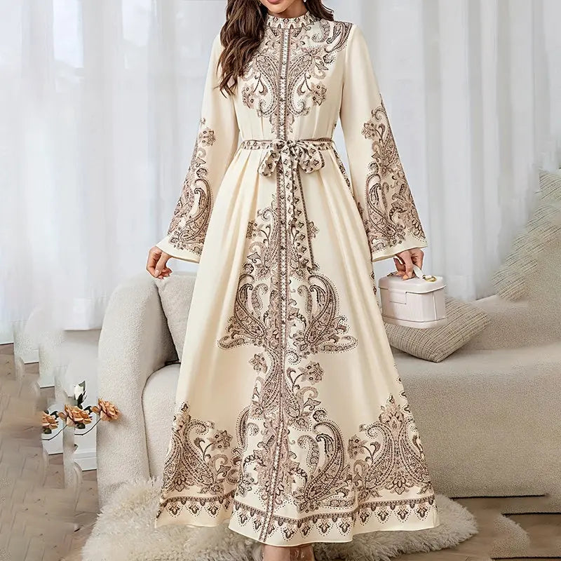 Women's Vintage High-Neck Floral Maxi Dress Loose Long Sleeve, Adjustable Waist Belt, Middle Eastern Inspired Holiday Dress Ankle-Length Gown Lady T Fashions