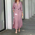 Women's Elegant Tied Solid Color Waisted Long-sleeved Shirt Dress Lady T Fashions