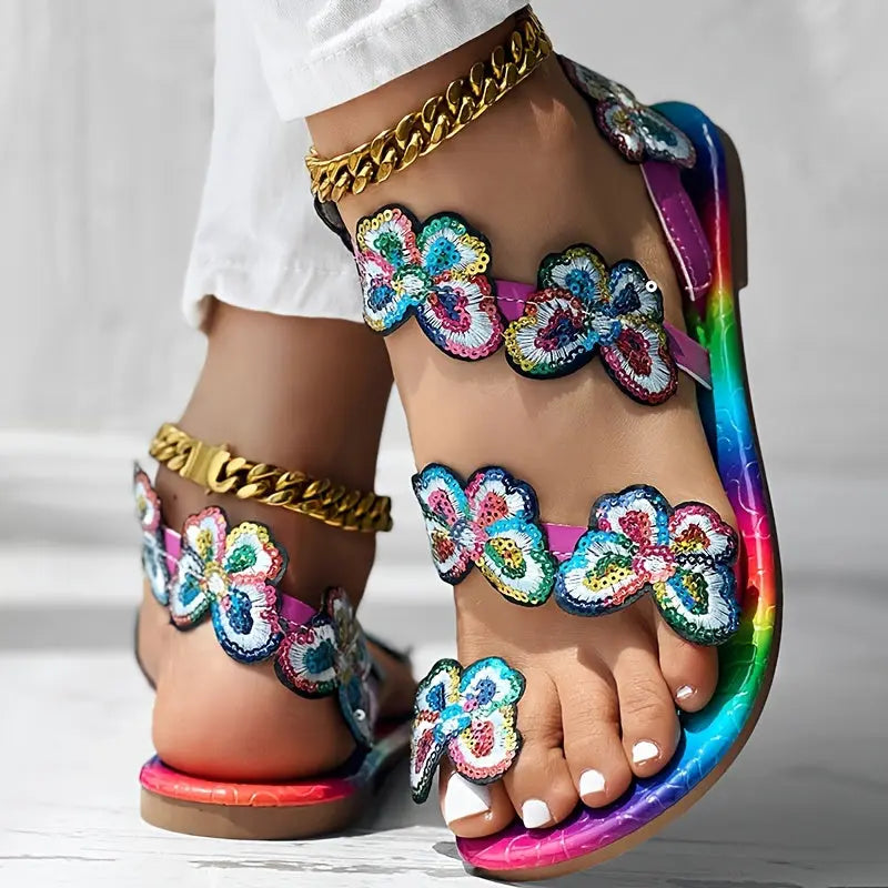 [Flowers Flat Women's Sandals] Women's Flowers Flat Sandals, Fashion Toe Loop Faux Pearl Slip On Shoes, Casual Beach Travel Sandals Lady T Fashions