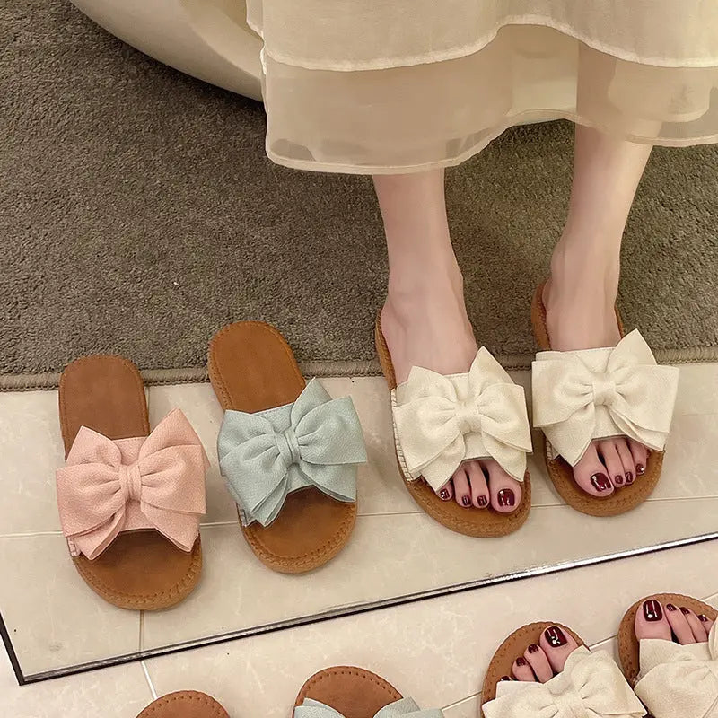 Women's Slip-on Cloth Sandals Summer Soft Bottom Flat Heel Bow Lady T Fashions