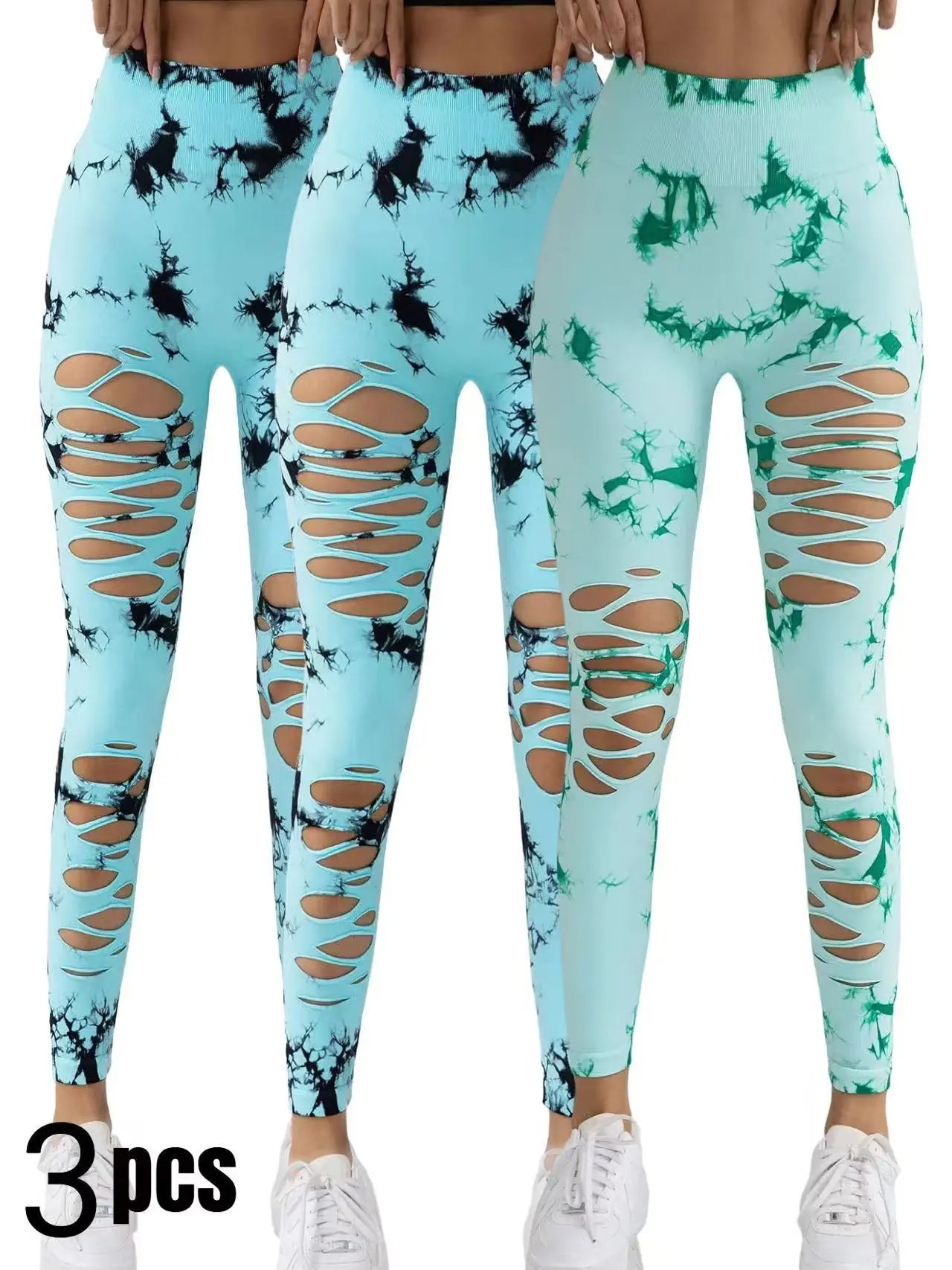 3 Pack New Style Hollow-Out Tie-Dye High-Waisted Tummy-Control Yoga Pants Lady T Fashions