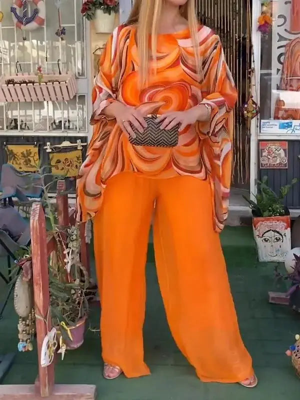 Summer New Colorful Chiffon Suit Casual Round Neck Printed Two-piece Suit Lady T Fashions