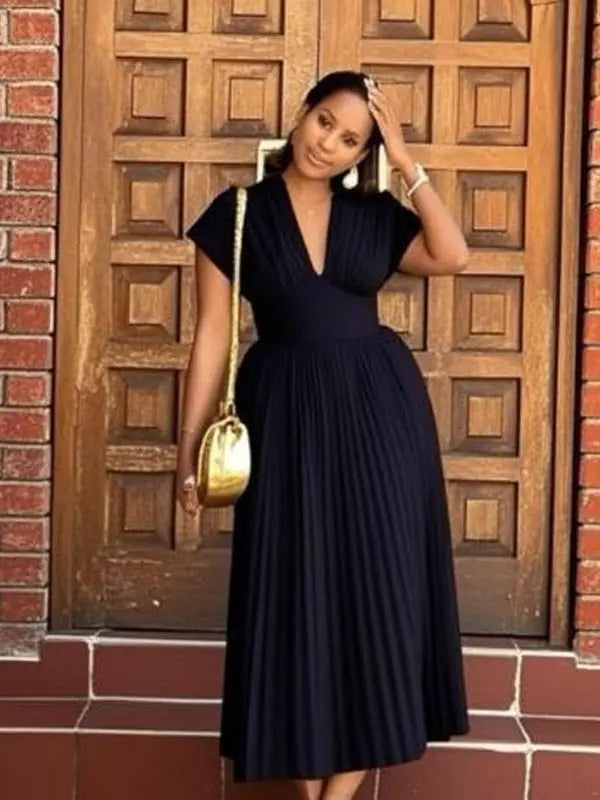 V-neck Sexy Bat Sleeve Slim-fit Pleated A- Line Dress Lady T Fashions