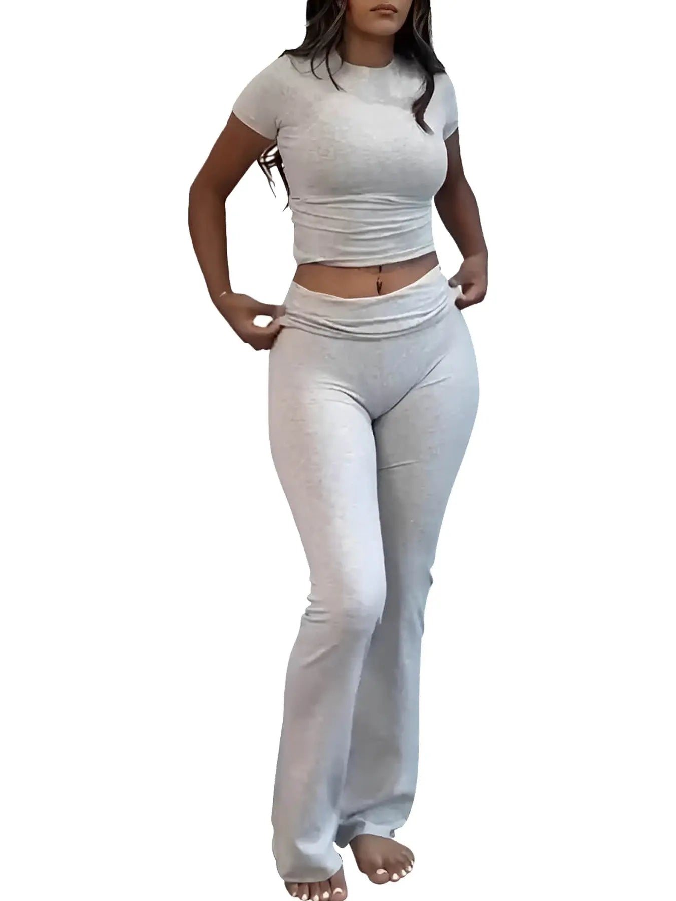 Casual Solid Color Slim Fit Two-piece Pants Set, Short Sleeved Round Neck T-shirt And Tight Flared Pants Sports Pants Clothing, Women's Clothing Lady T Fashions