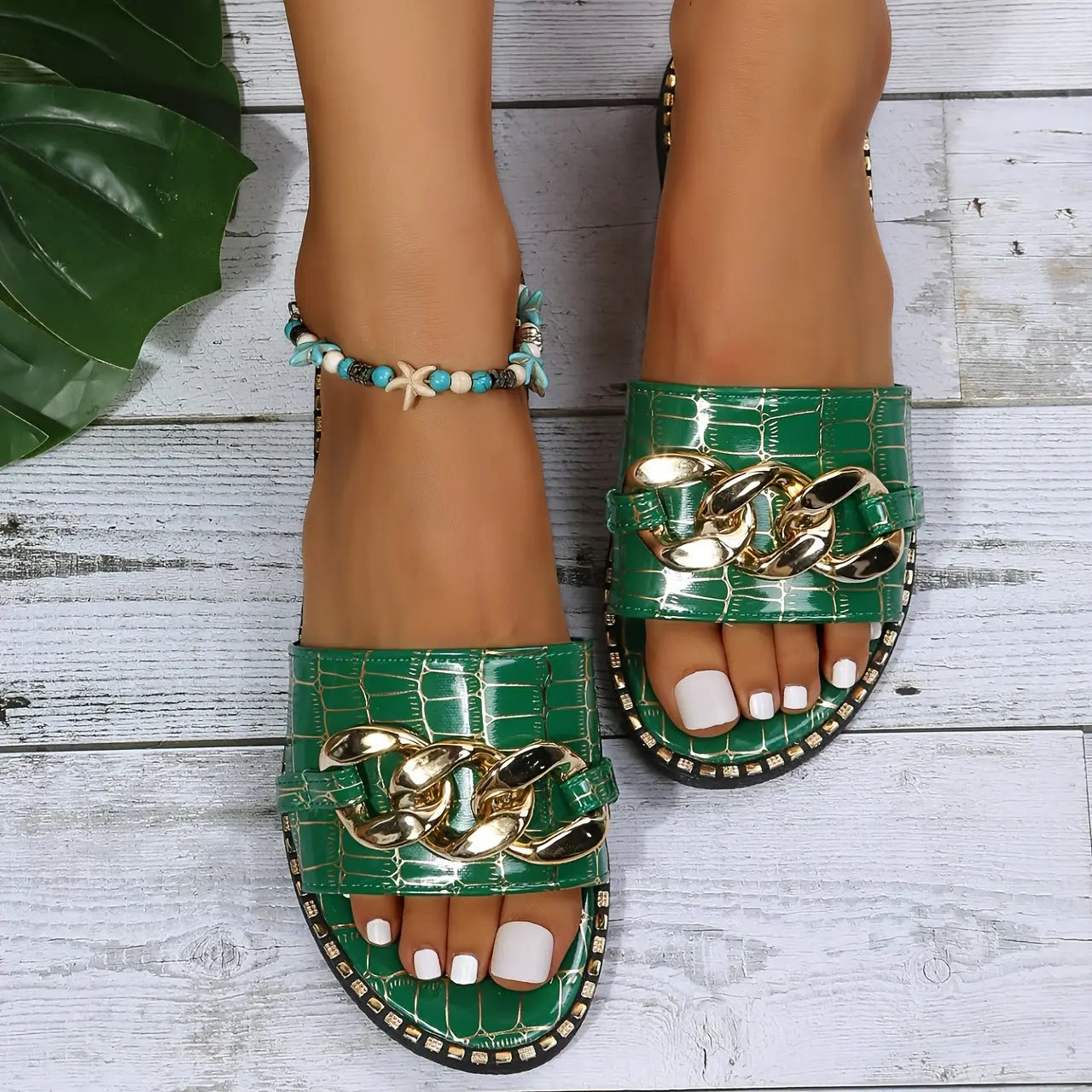 Women's Metal Chain Decor Flat Slippers, Fashion Open Toe Non Slip Slides Shoes, Casual Outdoor Slippers Lady T Fashions