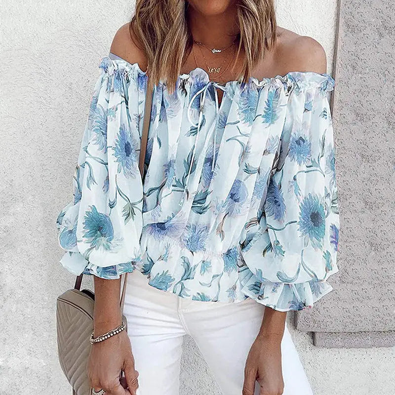 Womens Summer Off Shoulder Blouse Floral Print Ruffle Sleeve Casual Chiffon Tops Shirts Lady T Fashions