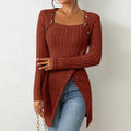Elegant Women's Solid Color Slim-Fit Long Sleeve Top - Square Neck & Button Detail With Asymmetric Hem, Casual Fall&Spring Blouse Lady T Fashions