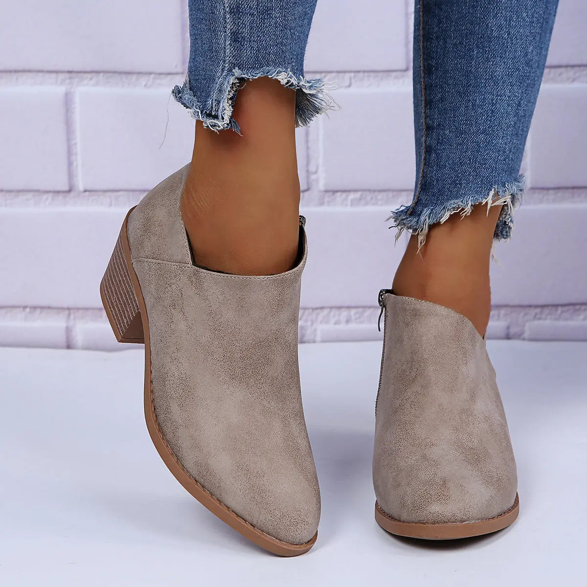 Ankle Stacked Heel Women's Short Boots with V Cut Side Zipper and Non Slip Sole Lady T Fashions