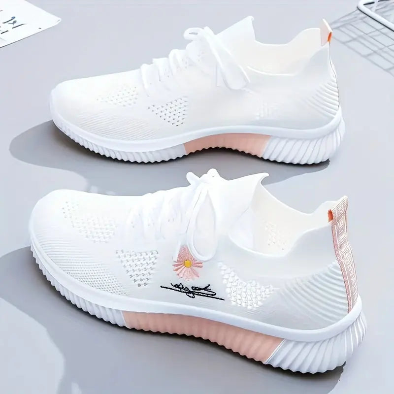 Women's Daisy Knitted Sock Sneakers, Breathable & Comfortable Lace Up Sports Shoes, Casual Running Walking Sneakers Lady T Fashions