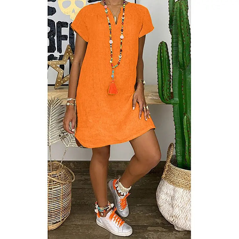 Womens Summer Casual Solid Color V Neck Short Sleeve Dresses Boho Beach Sundresses Lady T Fashions