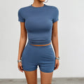 Solid Color Slim Sports Suit Summer 2Pcs Short-sleeved Round Neck T-shirt And Elastic Shorts Fashion Womens Clothing Lady T Fashions