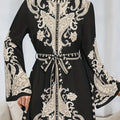 Women's Vintage High-Neck Floral Maxi Dress Loose Long Sleeve, Adjustable Waist Belt, Middle Eastern Inspired Holiday Dress Ankle-Length Gown Lady T Fashions