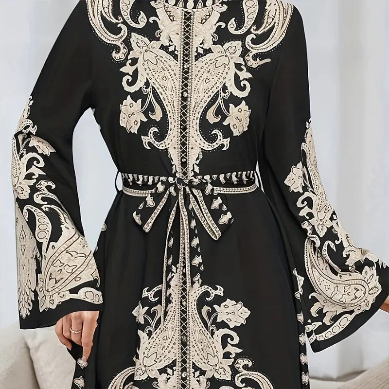 Women's Vintage High-Neck Floral Maxi Dress Loose Long Sleeve, Adjustable Waist Belt, Middle Eastern Inspired Holiday Dress Ankle-Length Gown Lady T Fashions