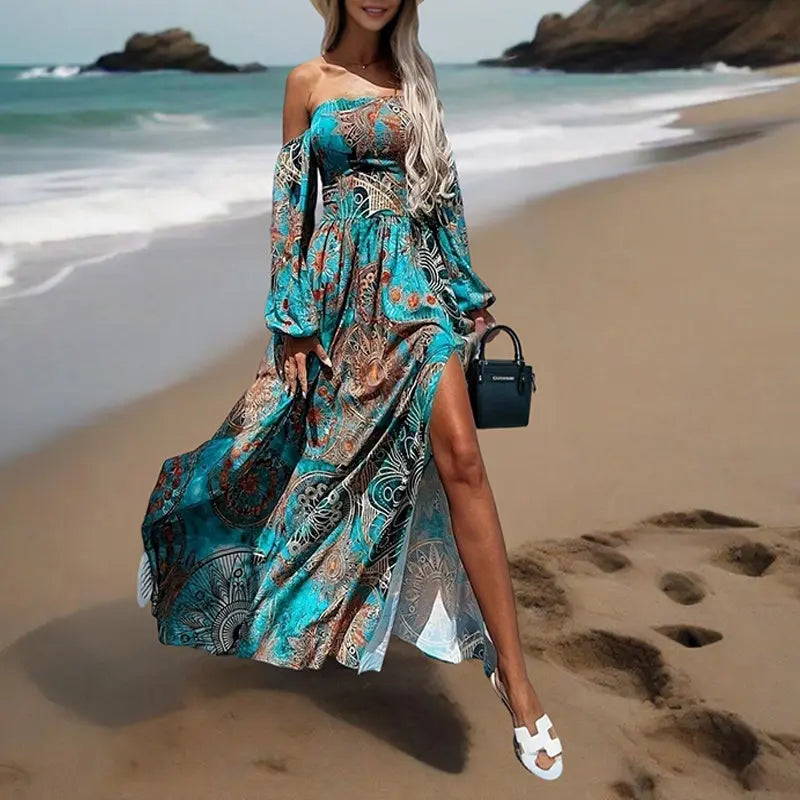 Women's Strapless Off-Shoulder Long Sleeve A-Line Dress - Bohemian Beach Maxi Dress With High Slit For Summer Vacation Lady T Fashions