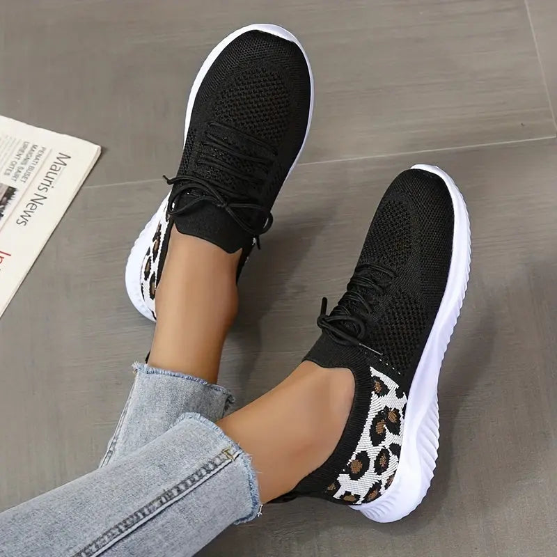Women's Leopard Knit Sports Shoes, Breathable Lace Up Low Top Running Shoes, Casual Walking Tennis Sneakers Lady T Fashions