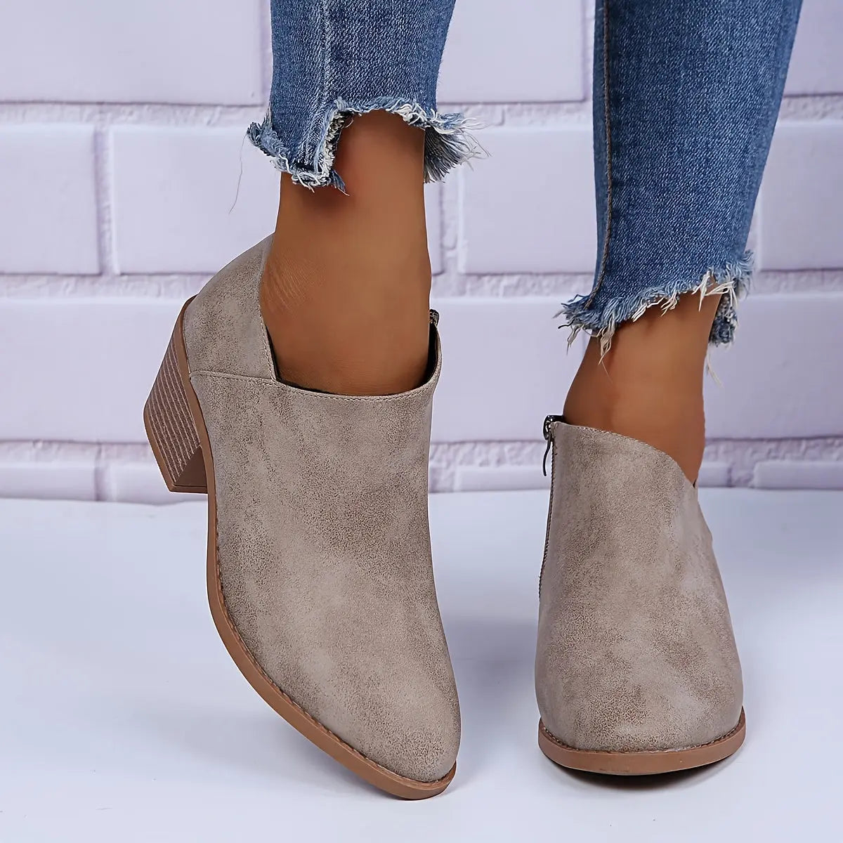 Ankle Stacked Heel Women's Short Boots with V Cut Side Zipper and Non Slip Sole Lady T Fashions