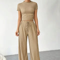 Women's Solid Color Short Sleeved T-shirt High Neck Top Loose Casual Pants Set Lady T Fashions
