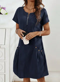Summer Casual Zipper Half-Placket Button Decor Double Pocket Short Sleeve Dress Lady T Fashions